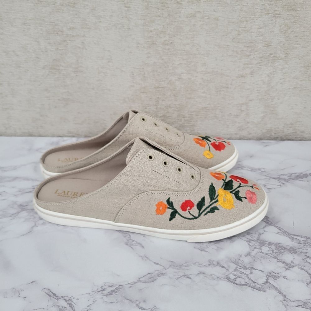 Lauren Ralph Lauren Canvas Floral Embroidered Slip On Sneakers Shoes